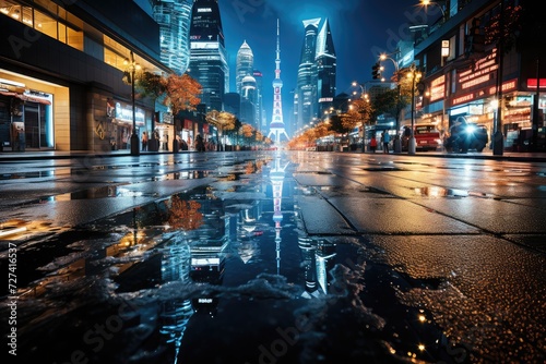 Dynamic cityscape at night neon lights reflecting off rain-soaked streets