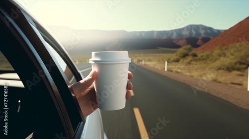 An outstretched hand with a white paper coffee cup stretched out of the window of a car driving in nature photo