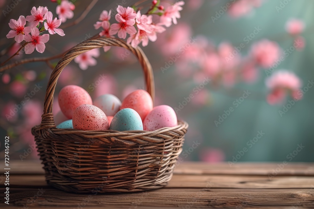 A pastel-hued basket overflows with vibrant easter eggs nestled among delicate pink flowers, evoking the joy and renewal of the holiday season A pastel-hued basket overflows with vibrant easter eggs nestled among delicate pink flowers, evoking the joy and renewal of the holiday season
