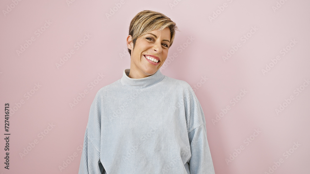 Smiling young hispanic woman with short blonde hair, dressed in casual sweater, posing against a pink background
