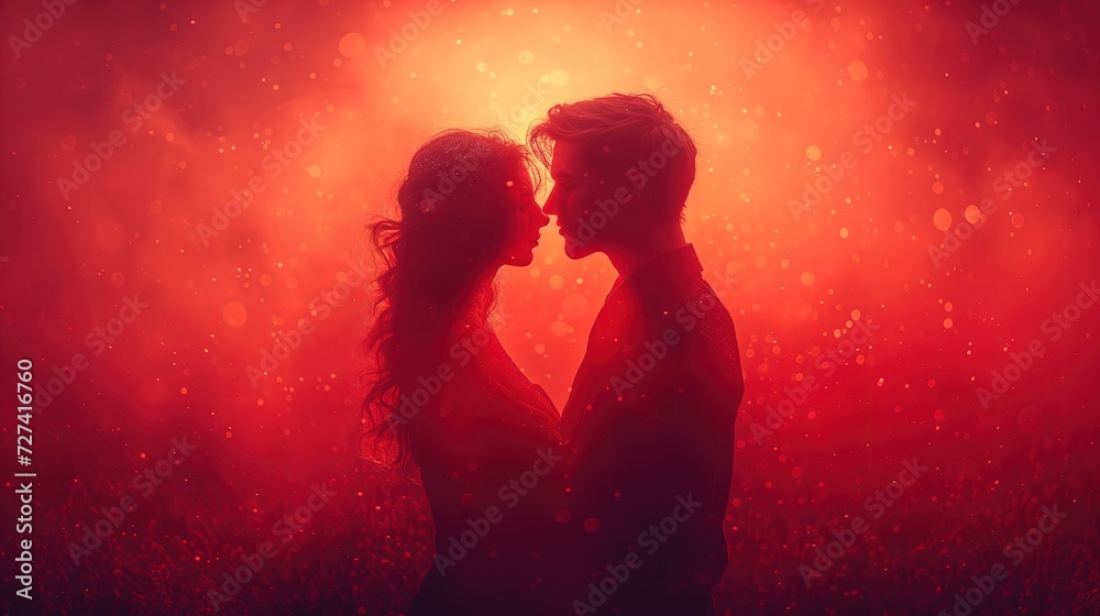 Mężczyzna i kobieta stojący romantyczne w gęstej czerwieni miłości, wyrażający tematykę walentynkową, kochania oraz romansu. - obrazy, fototapety, plakaty 