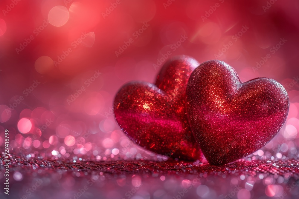 Fototapeta premium A passionate love blooms on valentine's day as two magenta hearts entwine against a bold red backdrop, illuminated by the soft glow of light