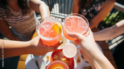 unrecognizable friends make a toast with cocktail in terrace in sunny summer day