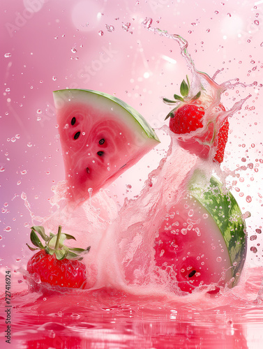 watermelon and strawberries splash into liquid against pink background photo