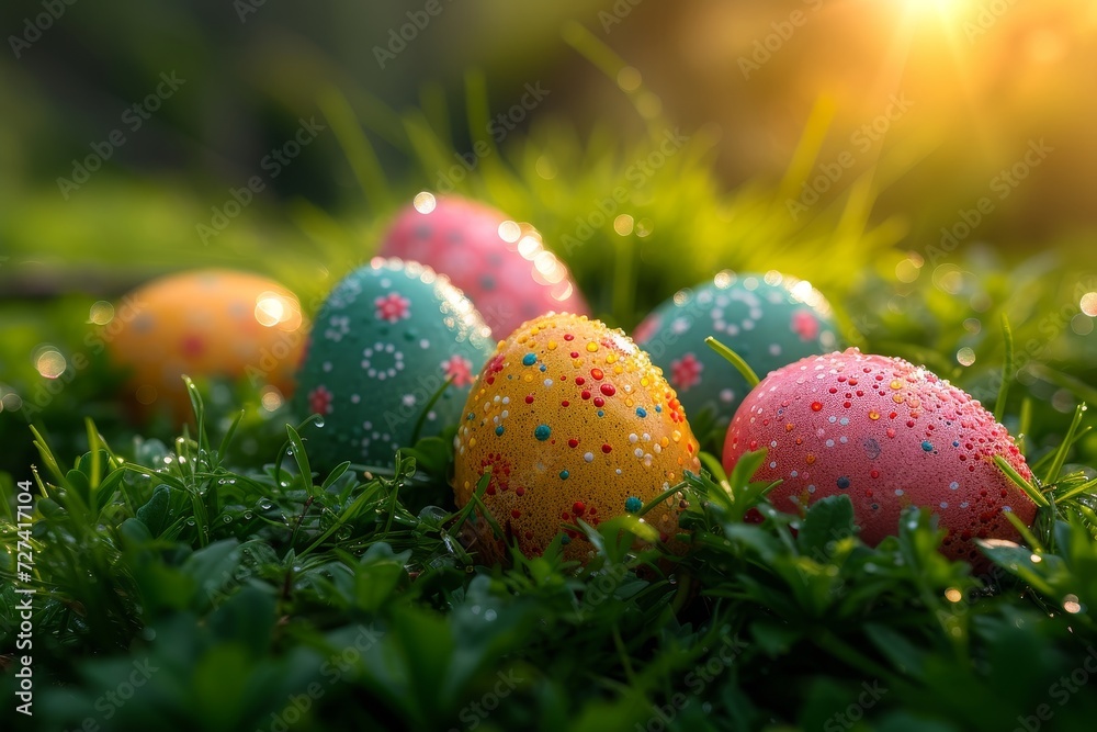 Amidst the vibrant green grass and colorful easter decorations, a cluster of spherical eggs lay nestled in a peaceful outdoor field