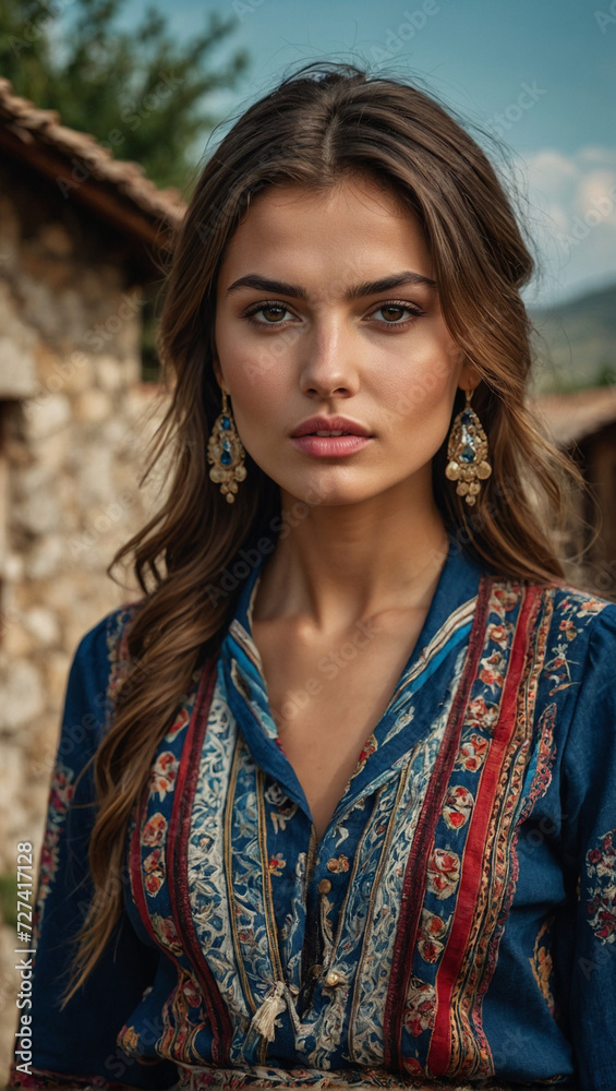 Portrait of Beautiful Young Albanian Woman in a Village in Albania Wearing Traditional Dress
