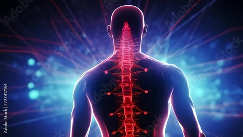 Silhouette of a person from the back, with red lines and areas on the back. illustration of spinal problems. pinched nerves. Generative AI photo