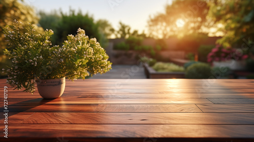 Peaceful garden scene with warm sunlit foliage and flowering plant on wooden table. © Natasha 