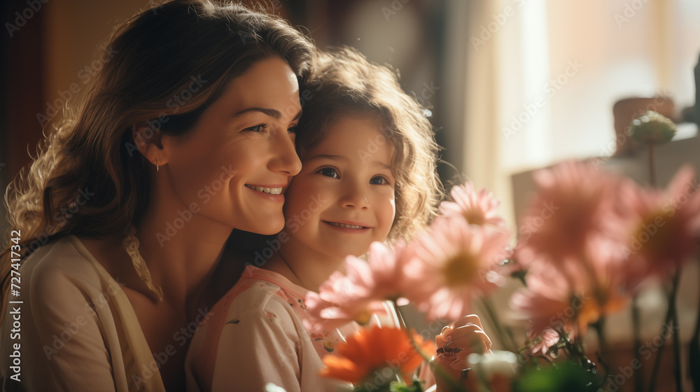 A joyful mother hugs her little daughter, sitting surrounded by windows and bright flowers A joyful mother hugs her little daughter, sitting surrounded by windows and bright flowers