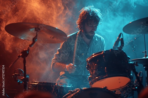 A talented musician commands the stage with his dynamic drumming performance, captivating the crowd with his rhythmic prowess and bringing the concert to life photo