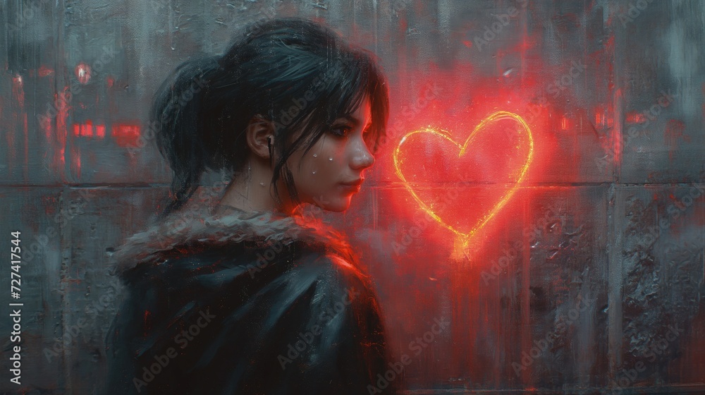 Kobieta stoi przed jaskrawym sercem, na tle betonowej ściany w której odbijają się romantyczne światła okien miasta - obrazy, fototapety, plakaty 