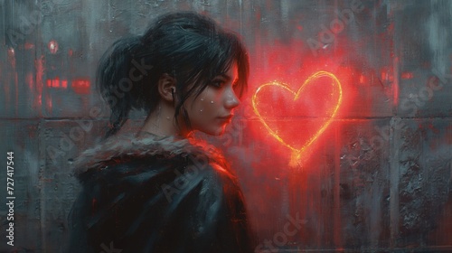 Kobieta stoi przed jaskrawym sercem, na tle betonowej ściany w której odbijają się romantyczne światła okien miasta