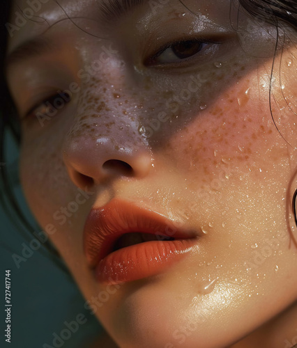 Portrait of beautiful natural Asian woman with dewy wet skin