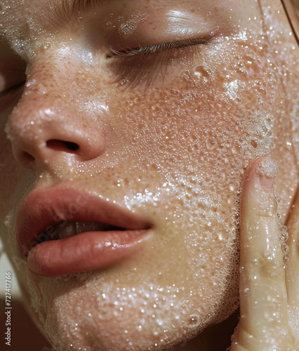 Portrait of beautiful natural woman with foamy cleanser on her face