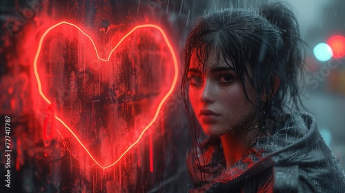 Kobieta stoi przed neonowym sercem, symbolizującym tematykę walentynkową, kochanie i romans.