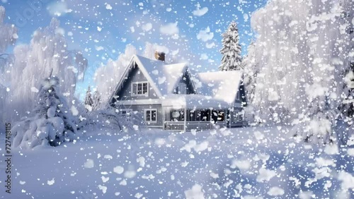 Winter cottage with snow near house offers accommodation.