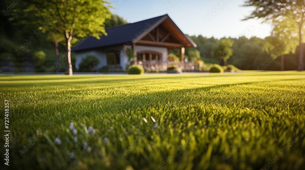 The golden sunlight of the evening casting a warm glow on the velvety grass of a spacious backyard The golden sunlight of the evening casting a warm glow on the velvety grass of a spacious backyard