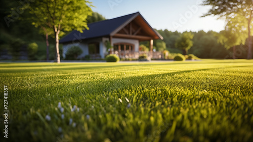 The golden sunlight of the evening casting a warm glow on the velvety grass of a spacious backyard