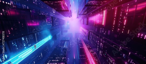 Futuristic cityscape at night with glowing neon light cyberpunk style background. Generated AI image