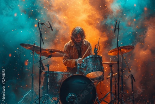 A skilled musician captivates the audience with his electrifying drum performance at a rock concert  his rhythmic beats and crashing cymbals filling the music venue with a powerful energy