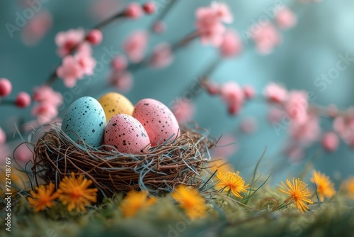 Nature's easter surprise nestled within a blooming aerie, as delicate eggs await their new beginnings