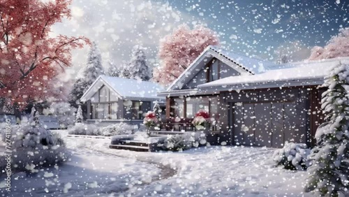 Winter day with snowy background; modern cozy clinker house with garage, pool, and beautiful landscaping for sale or rent, rendered in 3D. photo
