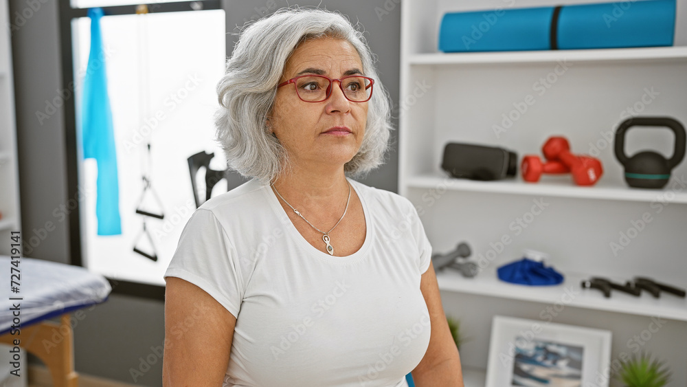 A pensive mature woman with glasses stands in a physical therapy clinic, reflecting a health-focused interior. A pensive mature woman with glasses stands in a physical therapy clinic, reflecting a health-focused interior.