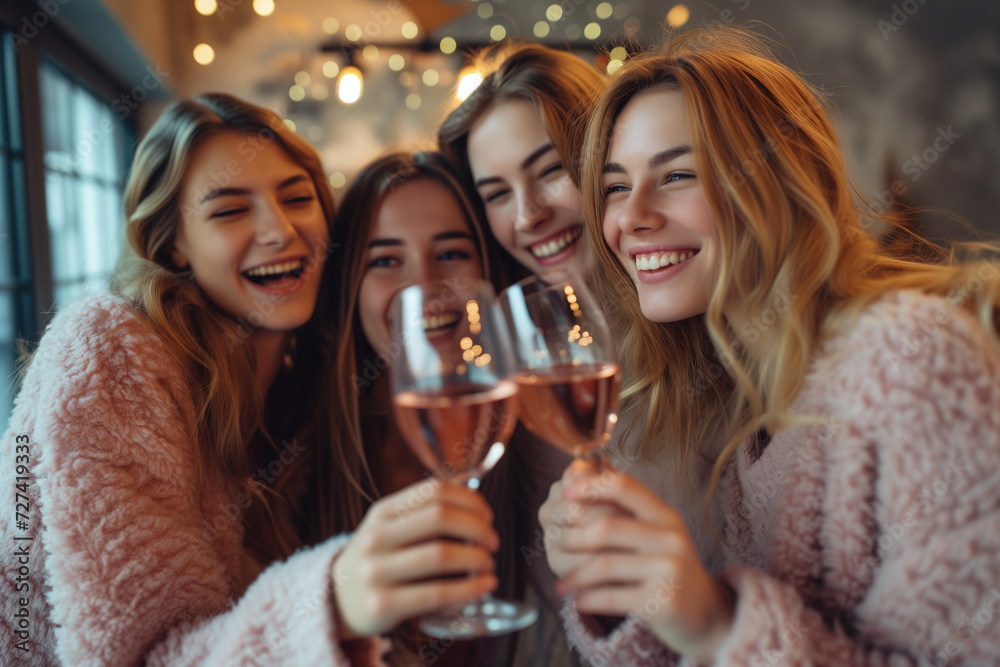 Galentines day. Gathering with friends. Young women girl friends drinking wine, laughing, having fun together Galentines day. Gathering with friends. Young women girl friends drinking wine, laughing, having fun together