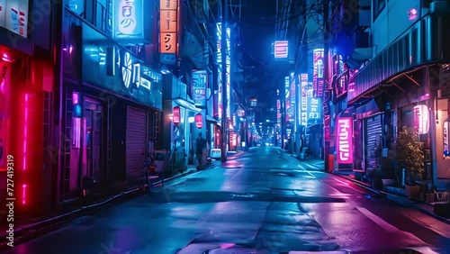 night street illuminated by neon lights and multicolored vyvyskas. night city life in dynamic lighting. Generative AI photo
