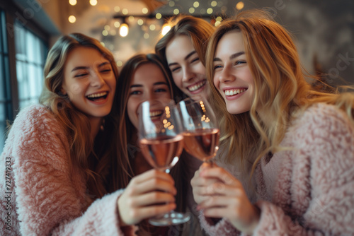 Galentines day. Gathering with friends. Young women girl friends drinking wine, laughing, having fun together