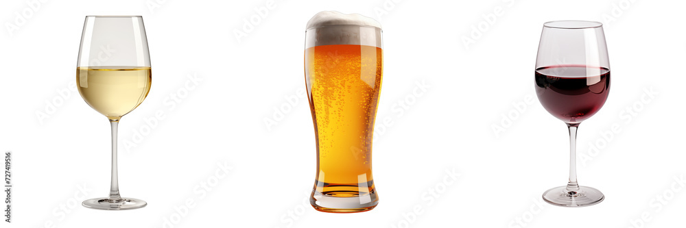 Pint of light beer with glass of white wine and glass with red wine Pint of light beer with glass of white wine and glass with red wine
