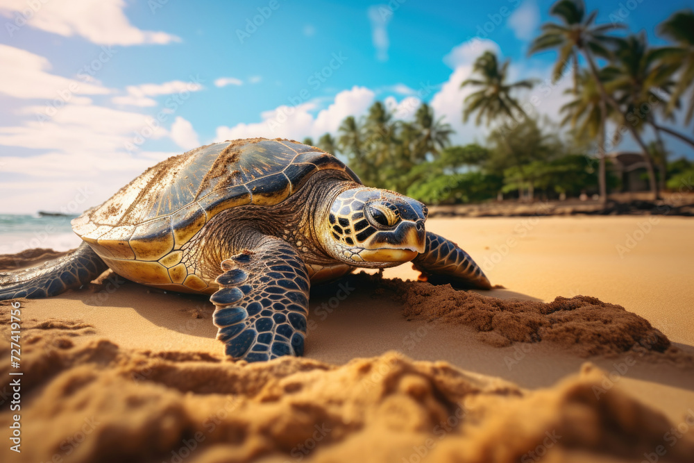 A sea turtle rests on a sandy beach with palm trees in the background, embodying the serene beauty of nature and wildlife conservation