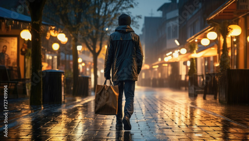 Person walking alone in the rain carrying a shopping bag, with streetlights casting a warm glow on the wet pavement of an inviting urban promenade.