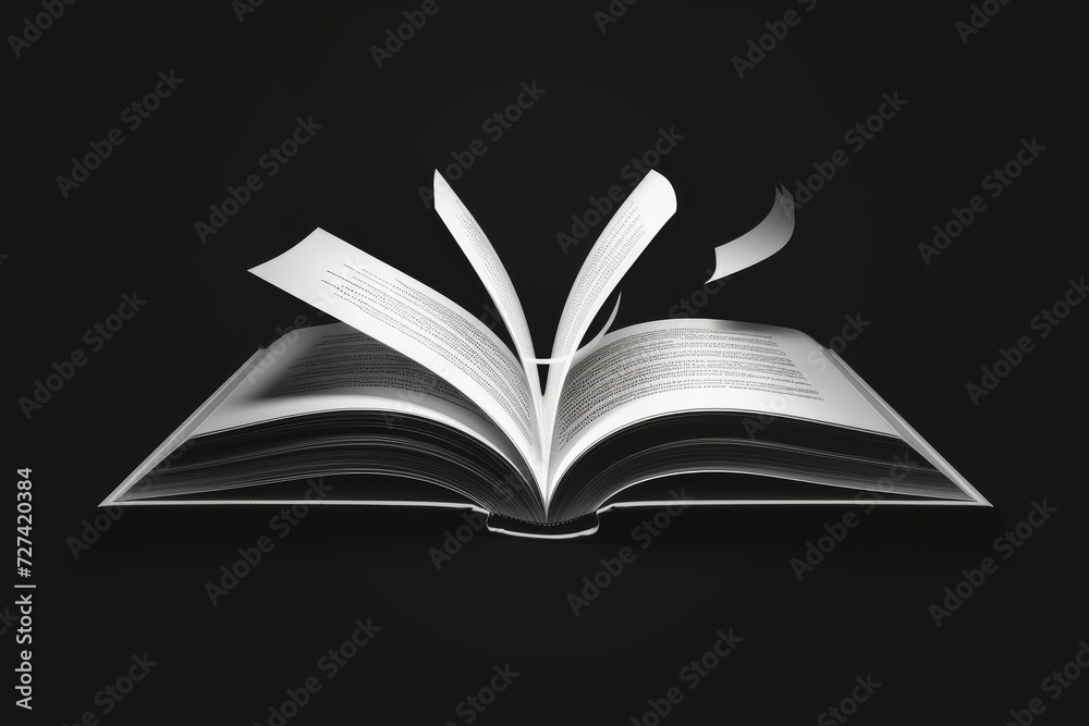 Words take flight from the pages of a paper product, as the book reveals its story through the swirling text Words take flight from the pages of a paper product, as the book reveals its story through the swirling text