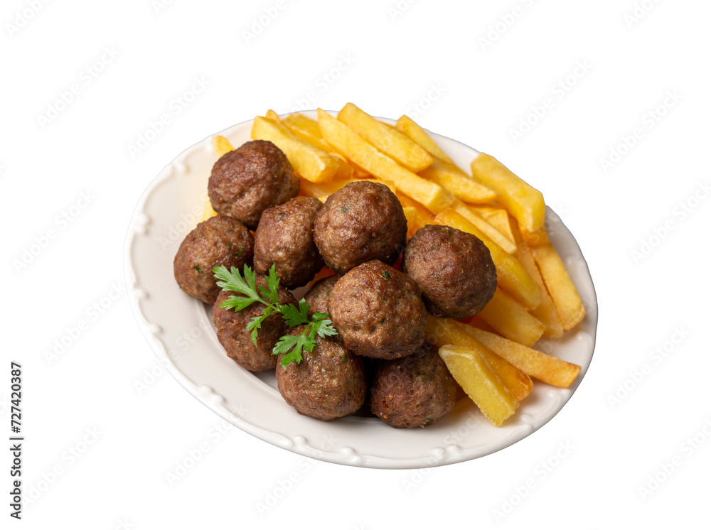 Round shaped balls of dry meatballs and french fries. Turkish name; kuru kofte ve patates