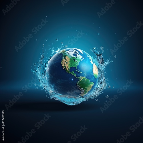Water splash with Earth planet on dark blue background  Vector illustration.  Ai Generated