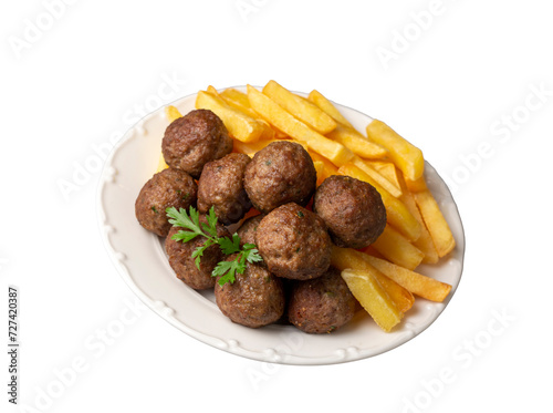 Obraz na płótnie Round shaped balls of dry meatballs and french fries. Turkish name; kuru kofte ve patates w salonie
