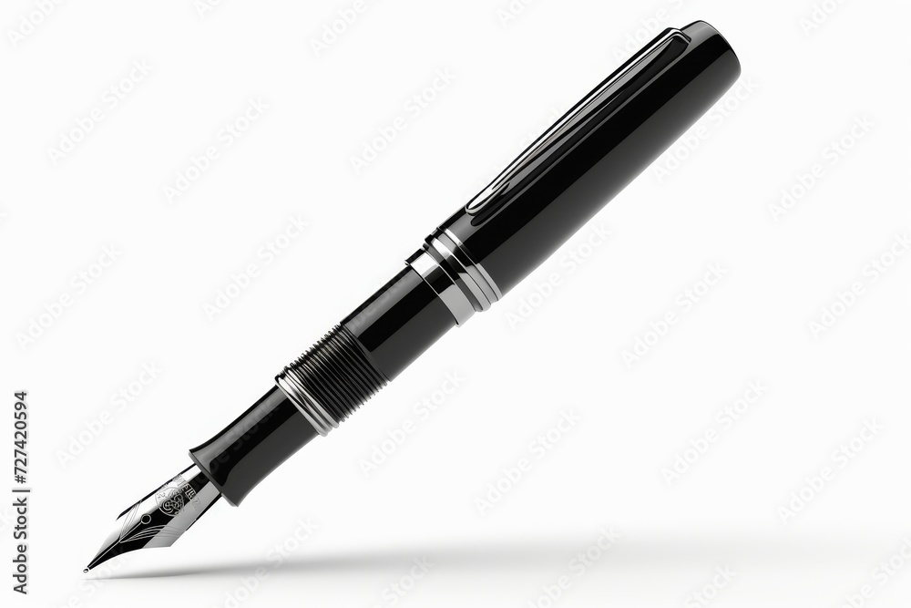 A sleek black fountain pen with a gleaming silver nib, poised to bring words to life on the page in a flurry of ink A sleek black fountain pen with a gleaming silver nib, poised to bring words to life on the page in a flurry of ink