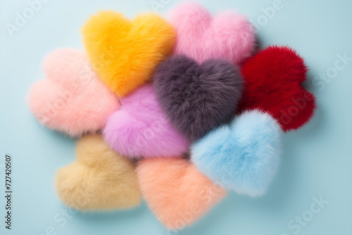 Colorful pastel furry hearts pattern on pastel background
