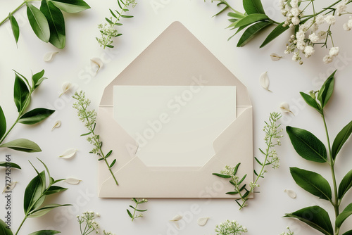 White envelope with white flowers and leaves. Copy space