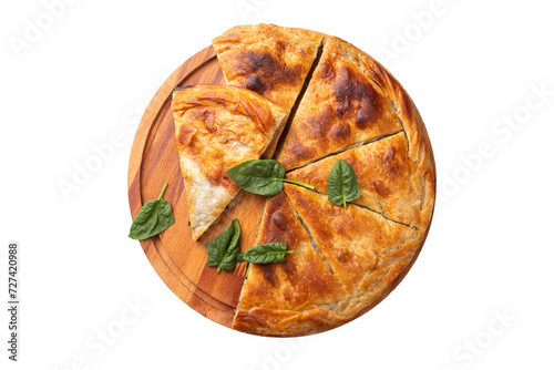 Spanakopita, greek phyllo pastry pie with spinach and feta cheese filling. Delicious handmade pies. Turkish name; el acmasi borek photo