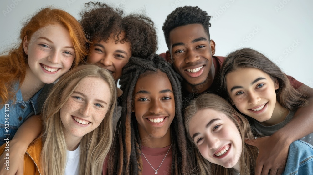 A vibrant group of friends, dressed in trendy clothing and sporting radiant smiles, happily pose for a photo in front of a layered wall, showcasing their youthful energy and strong bond of friendship A vibrant group of friends, dressed in trendy clothing and sporting radiant smiles, happily pose for a photo in front of a layered wall, showcasing their youthful energy and strong bond of friendship