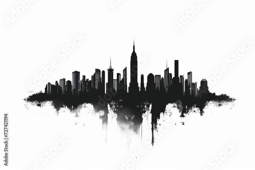 A stunning monochromatic sketch captures the reflective beauty of a city's skyline, with towering skyscrapers and glistening water creating a dynamic outdoor scene