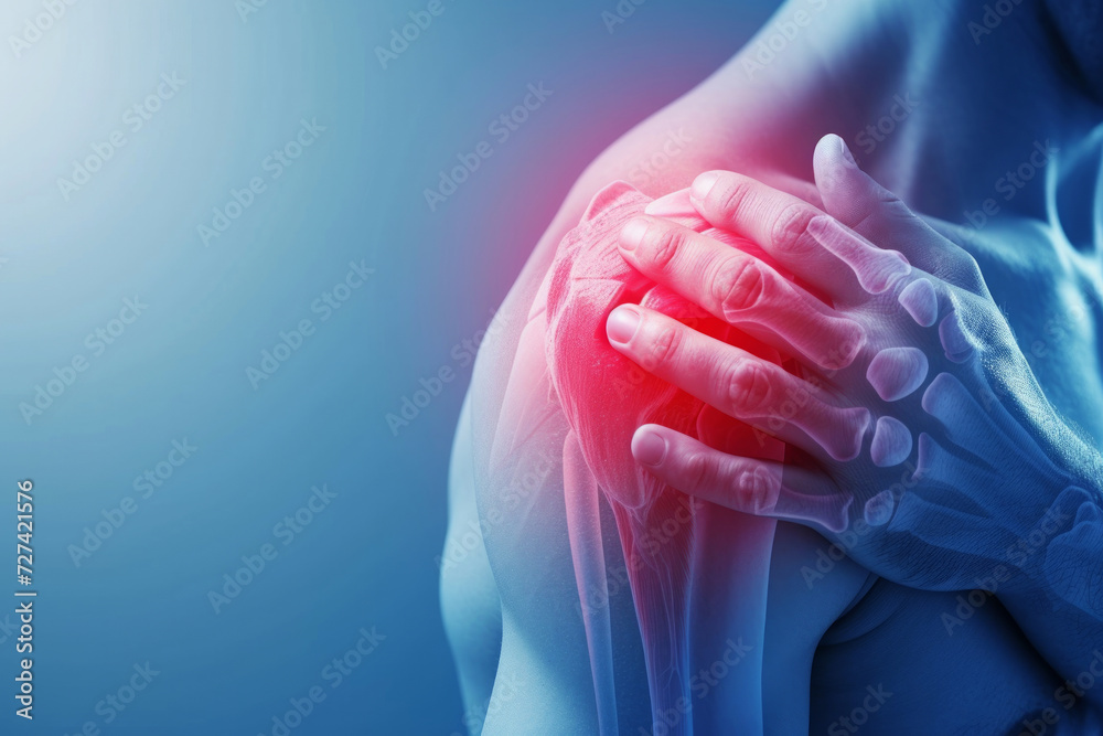 man with pain in their shoulder joint. Side view of muscular man