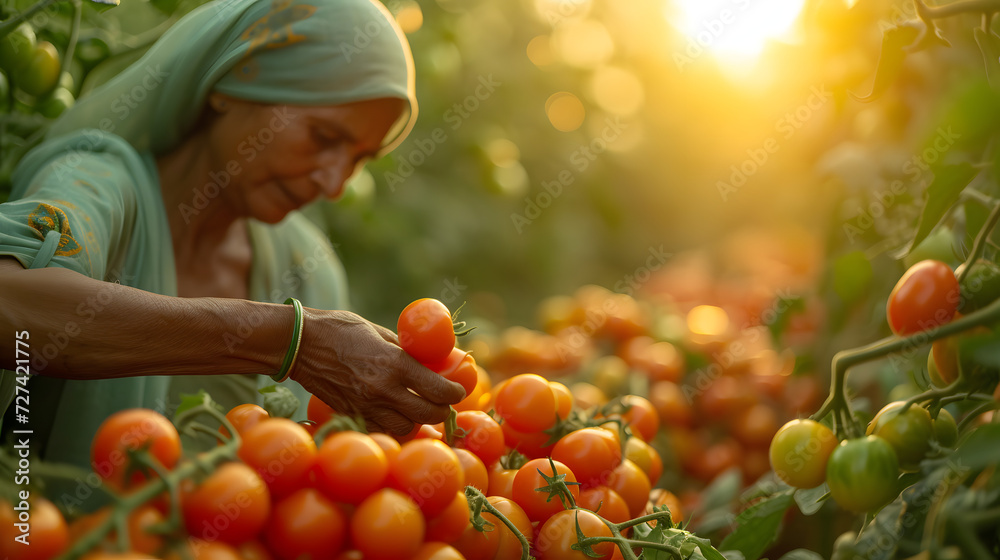 A indian woman is picking tomatoes in a tomato field A indian woman is picking tomatoes in a tomato field