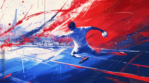 Handball player in action in the arena over blue, white and red background. Paris 2024. Sport illustration. photo