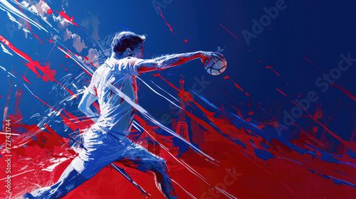 Handball player in action in the arena over blue, white and red background. Paris 2024. Sport illustration.