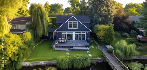 Aerial view of a navy blue craftsman cottage with a picturesque wooden bridge in the backyard.