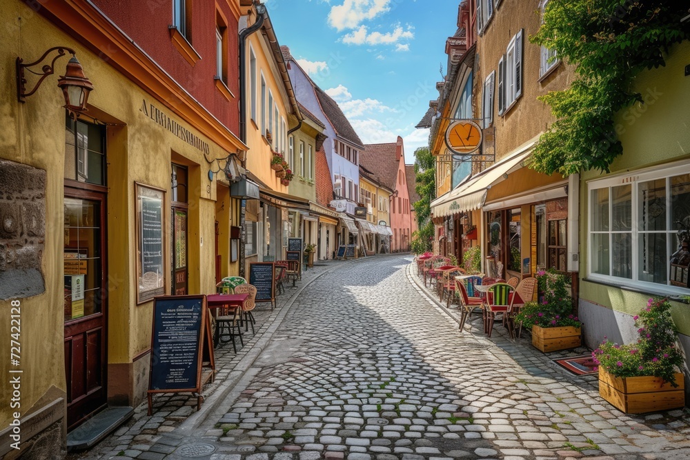 Quaint European street with colorful facades and cobblestones. A picturesque cobblestone street lined with colorful buildings and outdoor cafes in a quaint European town. Resplendent.