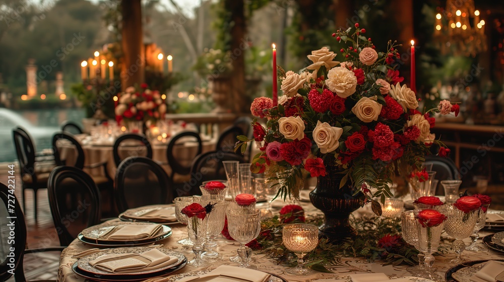 Na zdjęciu widać stół udekorowany do formalnej kolacji, z ustawionymi świecami i kwiatami. - obrazy, fototapety, plakaty 